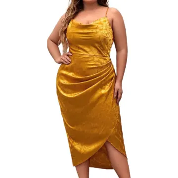 a woman in a mustard colored dress