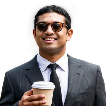 a man in a suit holding a cup of coffee