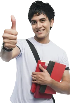 a young man holding a book and giving the thumbs