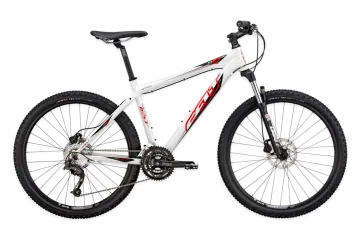 a white mountain bike with red and black accents