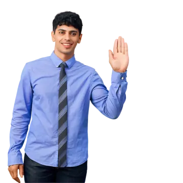 a man in a blue shirt and tie making a stop sign