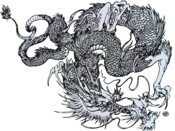 a black and white drawing of a dragon