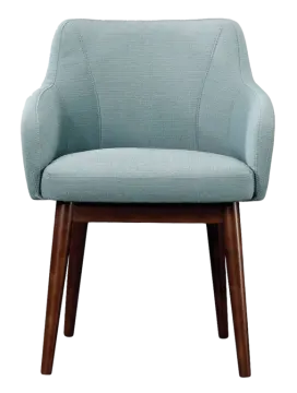 a light blue chair with wooden legs