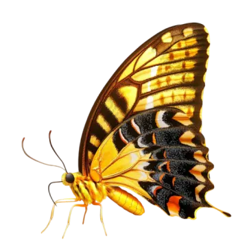 a yellow and black butterfly on a white background