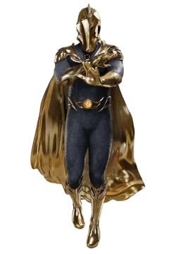 a gold and black superhero figure with a cape