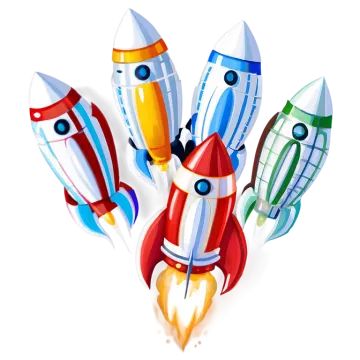 a bunch of colorful rockets on a white background