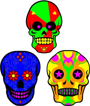 three skulls in different colors