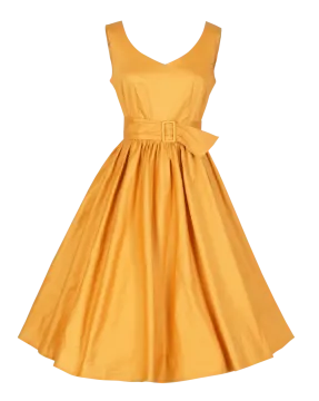 a yellow dress with a bow at the waist