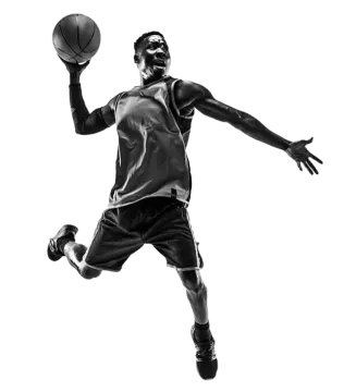 a black and white photo of a basketball player