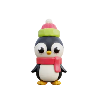 a small penguin wearing a scarf and hat