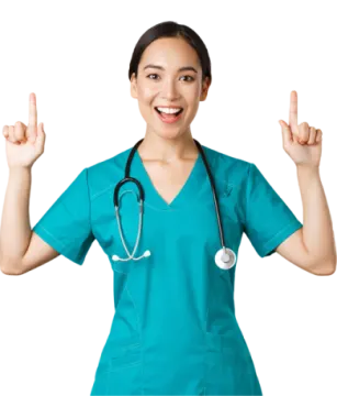 a woman in scrubs with her hands up