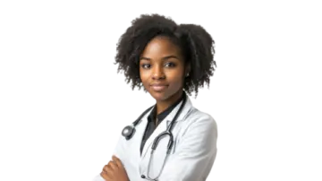 a female doctor standing with her arms crossed