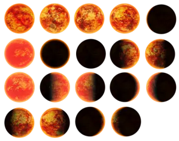 a set of nine orange and black planets