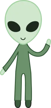 an alien with a green suit and black eyes