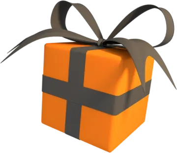 an orange gift box with a black ribbon
