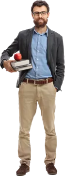 a man holding an apple and books