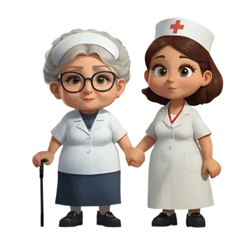 a cartoon nurse and an older woman