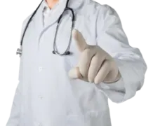 a doctor pointing at the camera with his hand