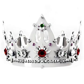 a silver crown with red and green gems