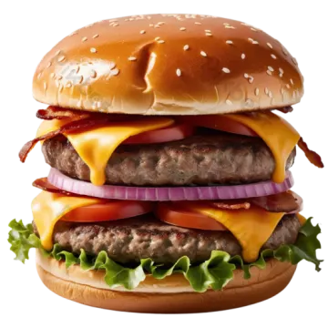 a hamburger with cheese, tomato and onion on it