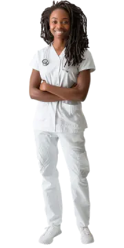 a young girl in a white scrub suit