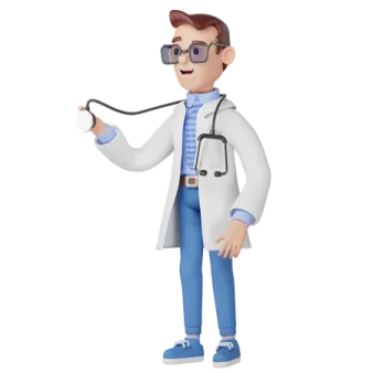 a cartoon doctor with glasses and a stel