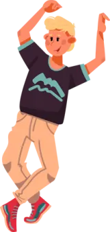 a boy is jumping with his hands in the air