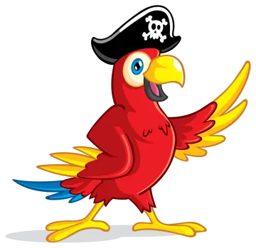 a red parrot with a pirate hat on its head