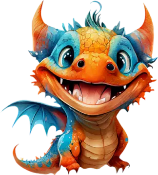 an orange and blue dragon with a big smile