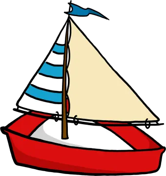 a red boat with blue and white sails