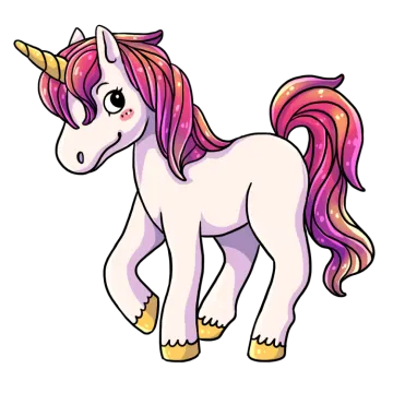 a cartoon unicorn with pink hair and yellow boots
