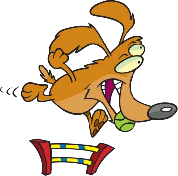 a cartoon dog jumping over a hurdle