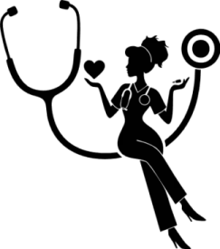 a black and white silhouette of a nurse holding a stel