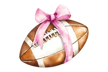 a watercolor drawing of a football with a pink bow