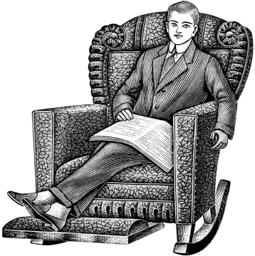 a black and white drawing of a man sitting in a chair