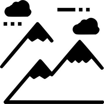 a black and white icon of mountains and clouds