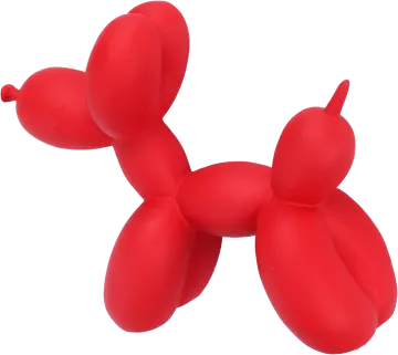 a red balloon dog toy on a white background