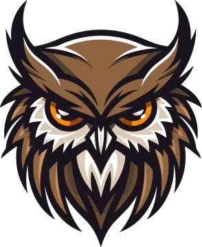 an owl's head with orange eyes
