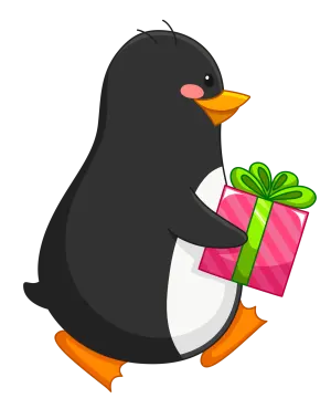 a penguin holding a present box