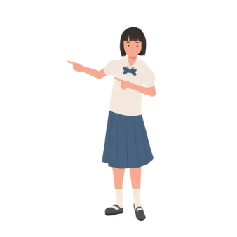 a girl in school uniform pointing at something