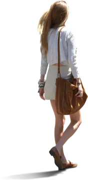 a woman in a white shirt and brown bag
