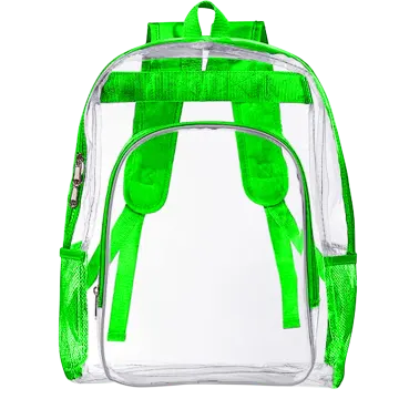 a clear backpack with green straps