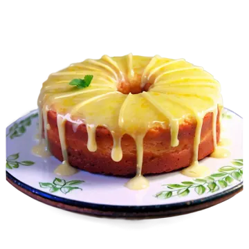 a cake on a plate with lemon glaze