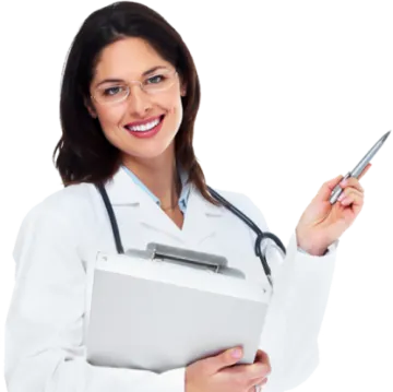 a woman in a white coat holding a clipboard