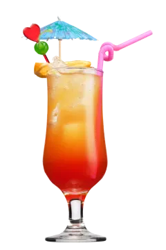 a glass filled with a drink and an umbrella