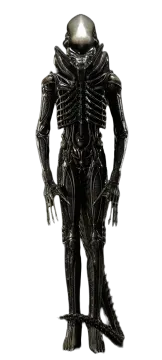 a black alien standing on a white background