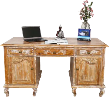 an old wooden desk with a laptop on top