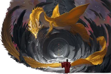 a man standing in front of a giant yellow dragon