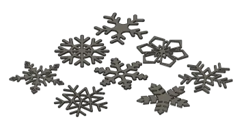 a bunch of metal snowflakes on a white background