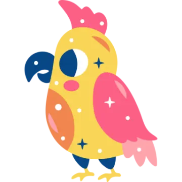 a yellow bird with pink and blue feathers